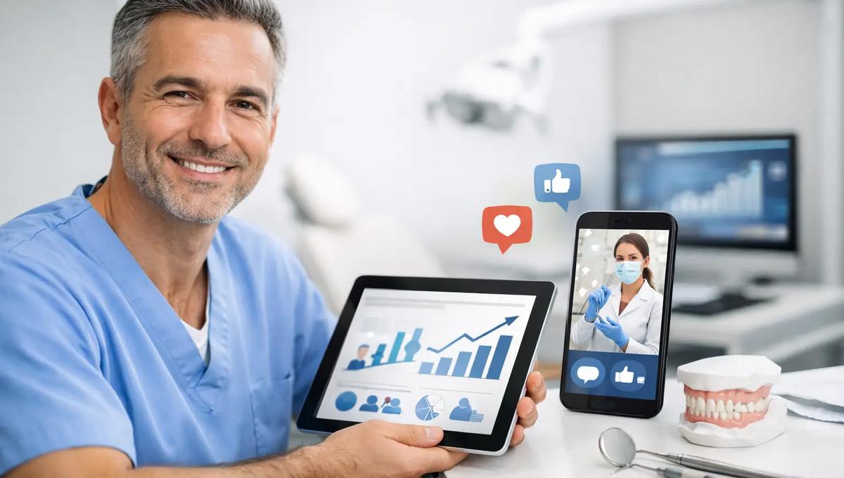 Smiling dentist holding a tablet with growth charts beside a phone showing a dental video with social media icons and a jaw model.
