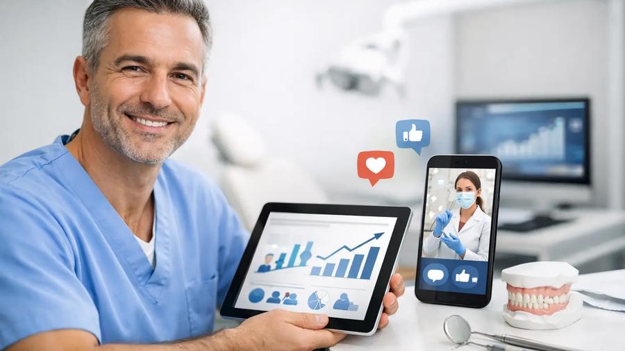 Smiling dentist holding a tablet with growth charts beside a phone showing a dental video with social media icons and a jaw model.