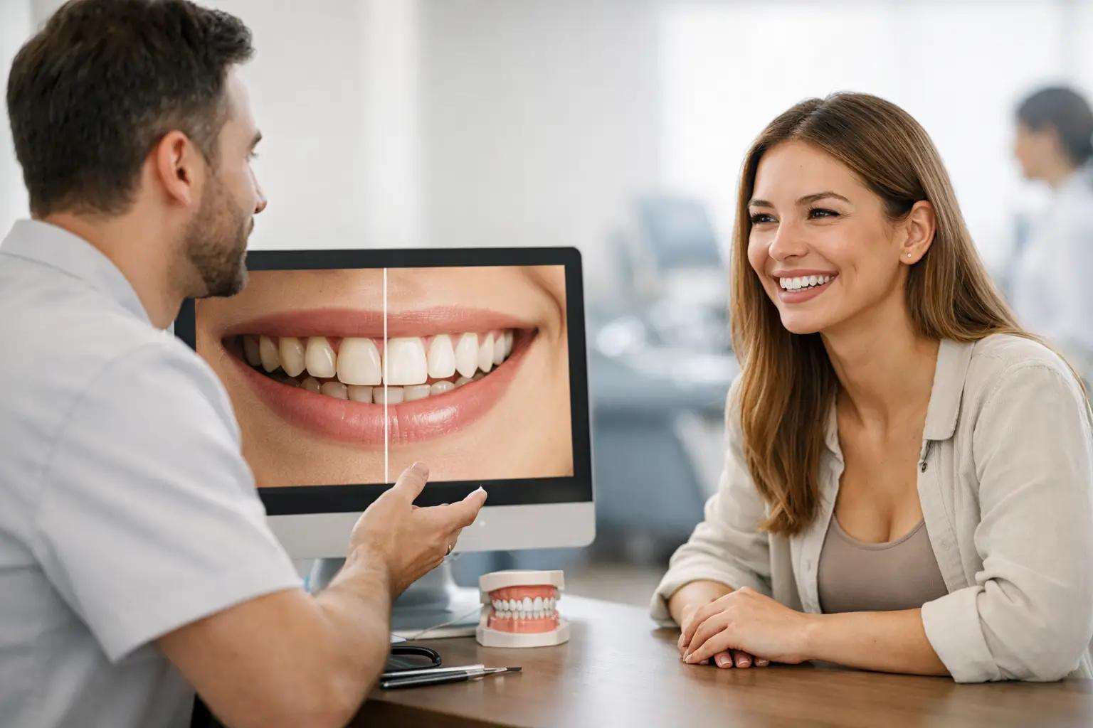 Dentist showing before and after smile results on a computer screen while consulting with a happy patient in a modern dental clinic.