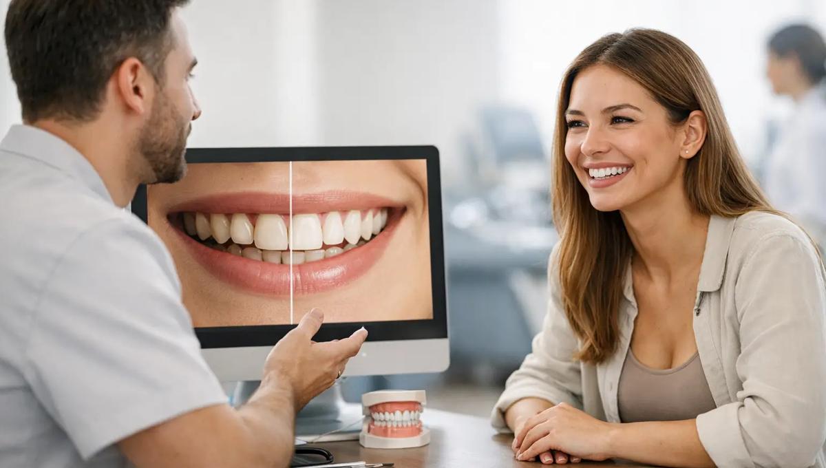 Dentist showing before and after smile results on a computer screen while consulting with a happy patient in a modern dental clinic.