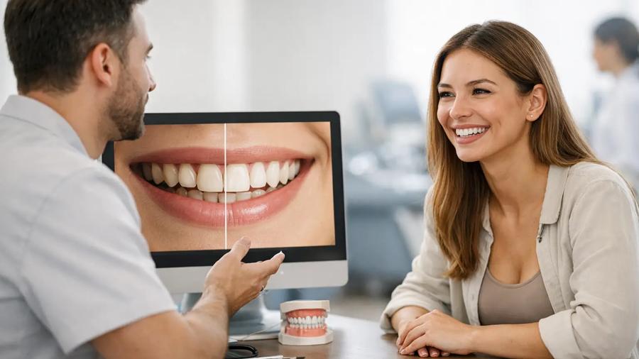 Dentist showing before and after smile results on a computer screen while consulting with a happy patient in a modern dental clinic.