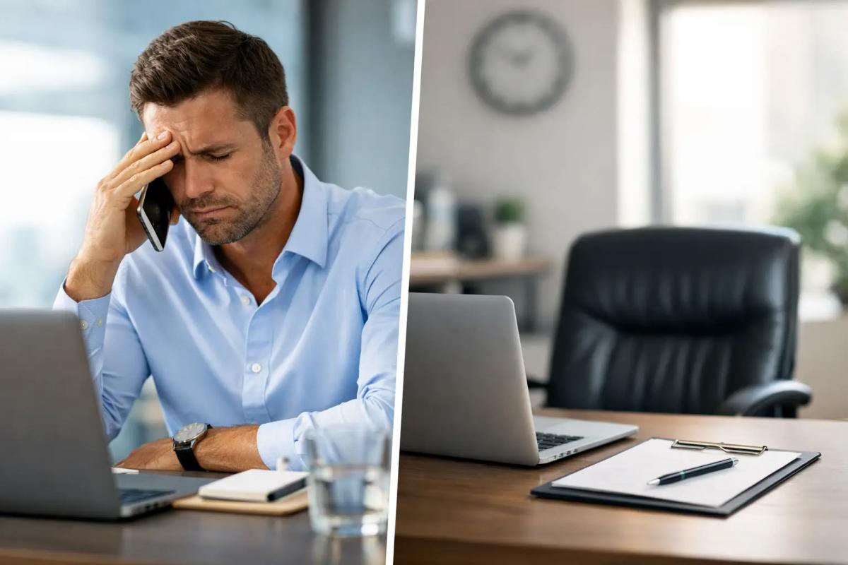 Split image: stressed man on phone at a laptop vs. an empty office desk with a clipboard, contrasting busy and vacant workspaces.