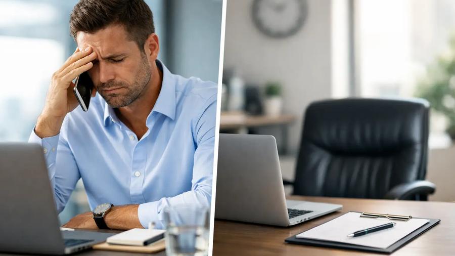 Split image: stressed man on phone at a laptop vs. an empty office desk with a clipboard, contrasting busy and vacant workspaces.