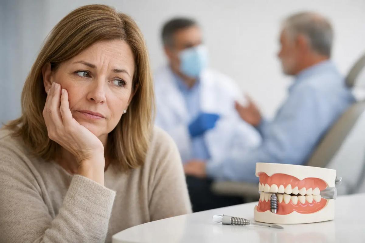 Concerned woman resting her cheek on her hand beside a dental implant jaw model, with a dentist consulting a patient in the background.