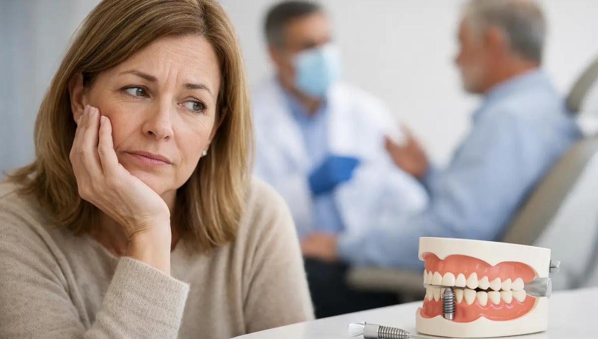 Concerned woman resting her cheek on her hand beside a dental implant jaw model, with a dentist consulting a patient in the background.
