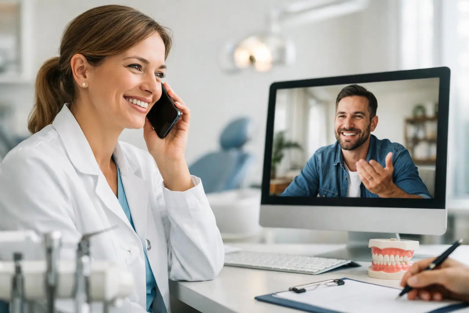 Dentist on phone scheduling while patient smiles on video call screen, with dental model and notes on desk in modern clinic