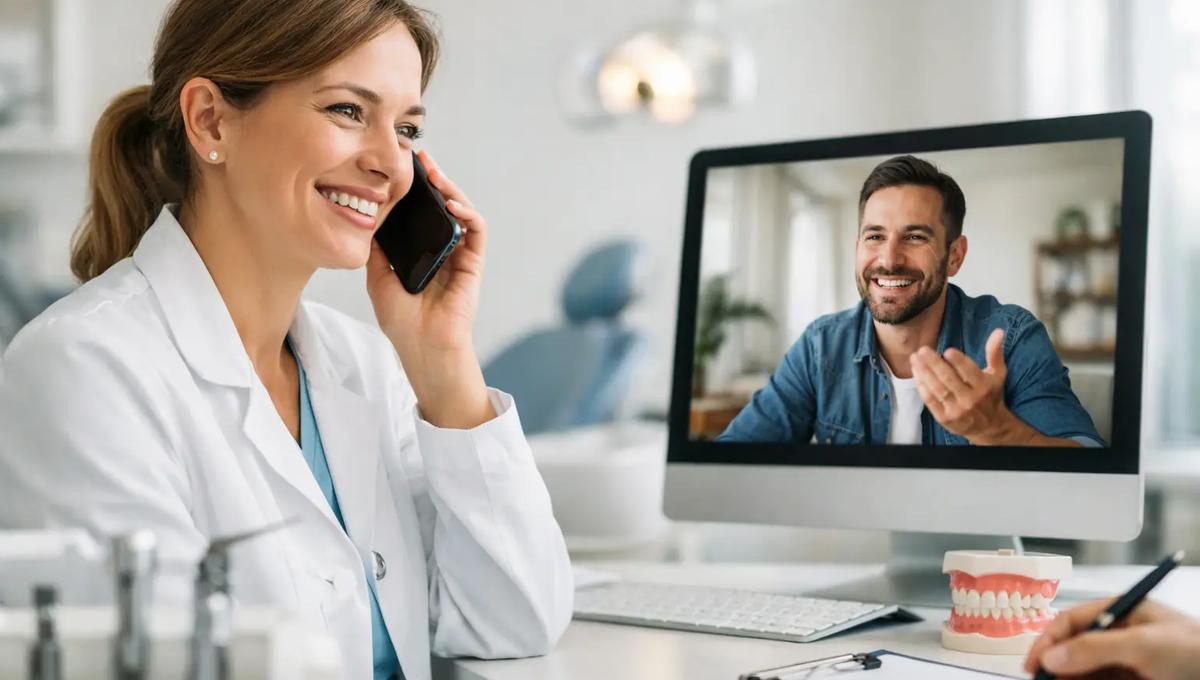Dentist on phone scheduling while patient smiles on video call screen, with dental model and notes on desk in modern clinic