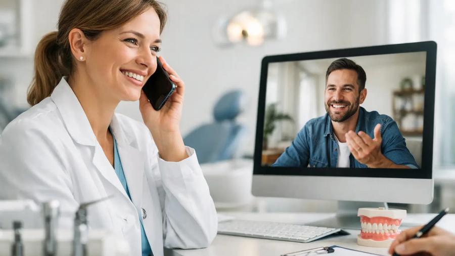 Dentist on phone scheduling while patient smiles on video call screen, with dental model and notes on desk in modern clinic