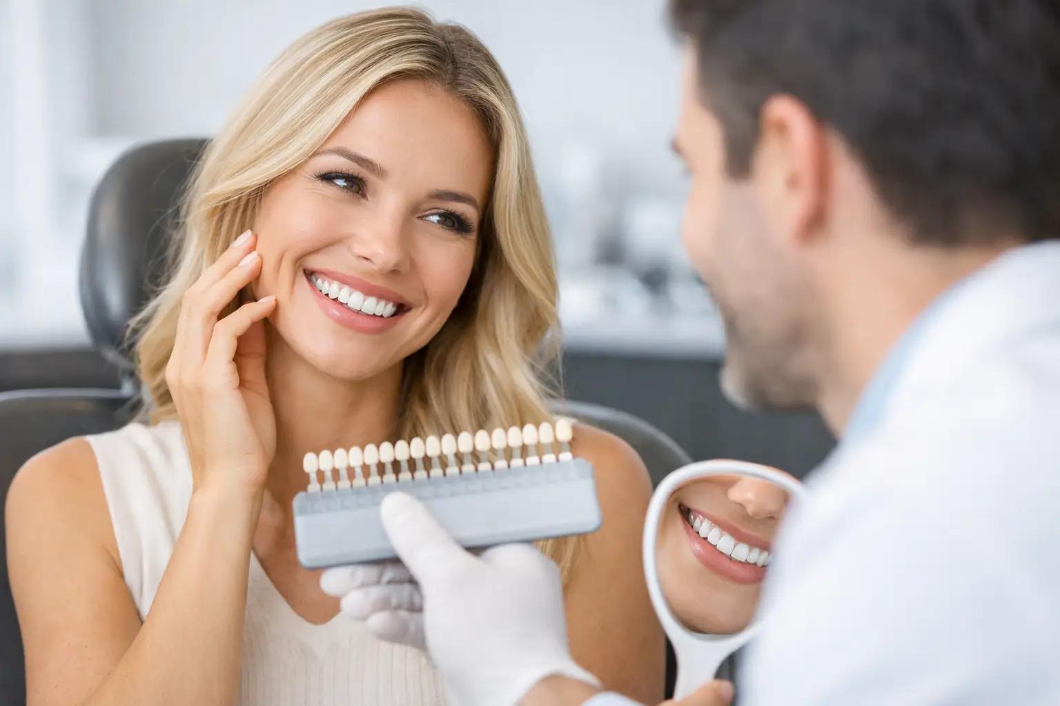 Dentist holding a veneer shade guide and mirror up to a smiling patient during a cosmetic dental consultation.