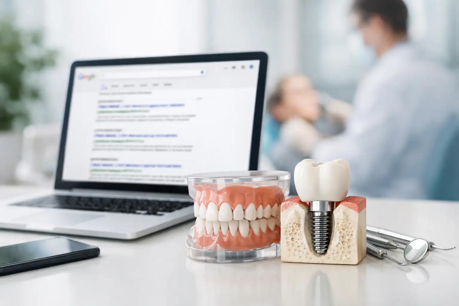 Dental implant model next to laptop showing search results for dental implant treatment and dentists