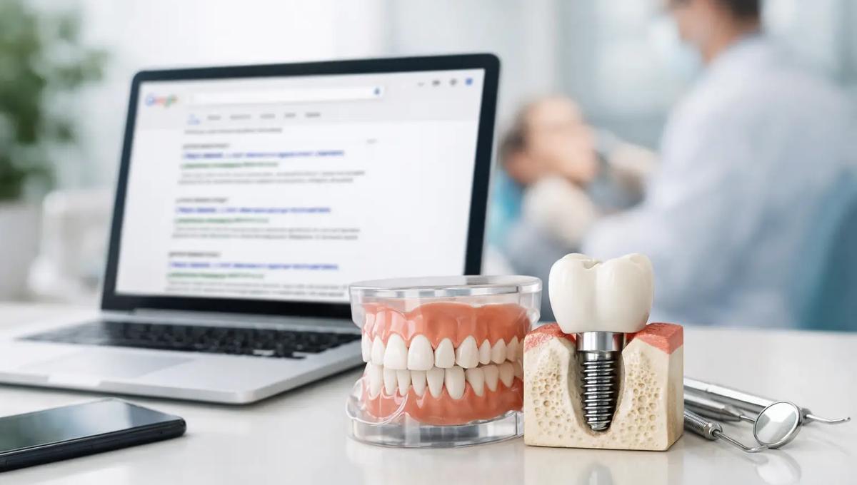 Dental implant model next to laptop showing search results for dental implant treatment and dentists