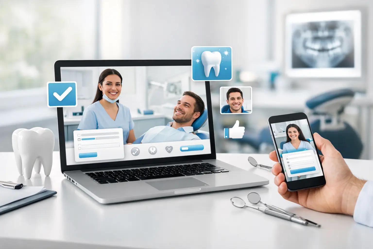 Laptop and phone displaying a dental consultation with digital icons, a tooth model, and dental tools on a desk in a dental office.
