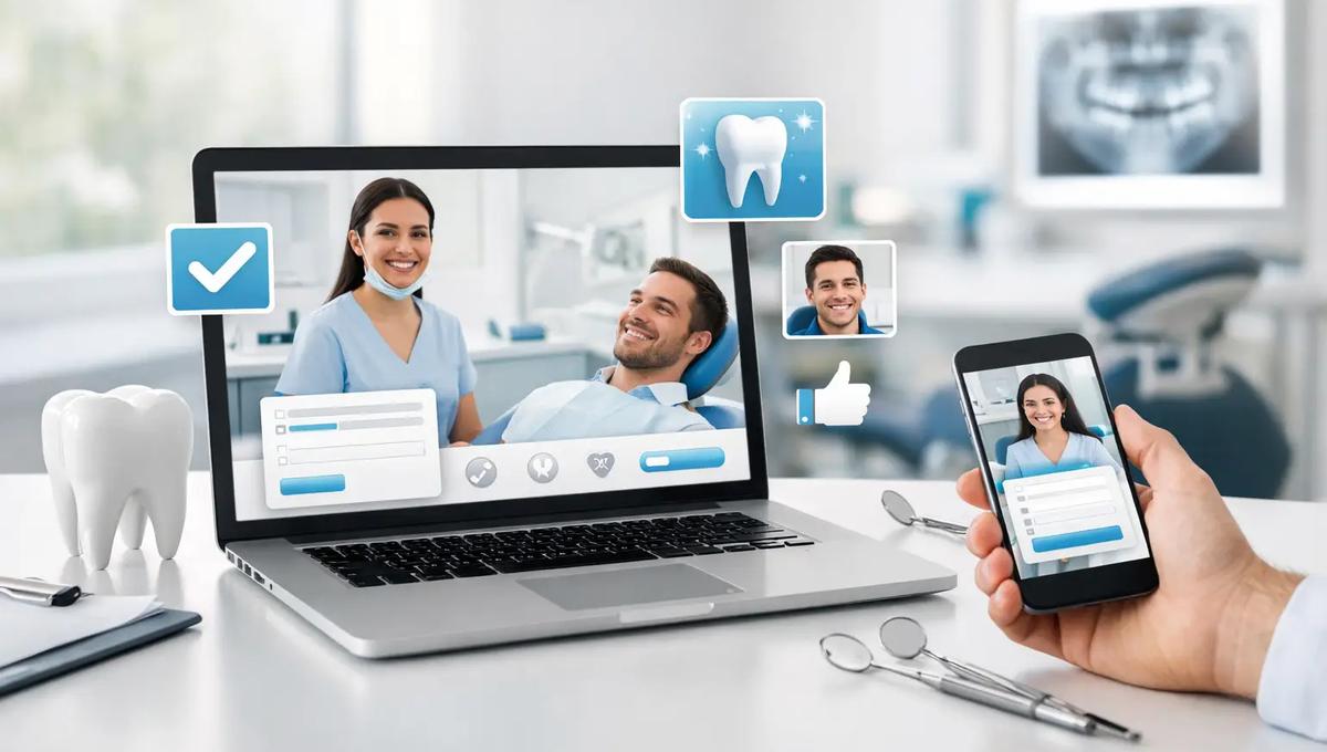 Laptop and phone displaying a dental consultation with digital icons, a tooth model, and dental tools on a desk in a dental office.