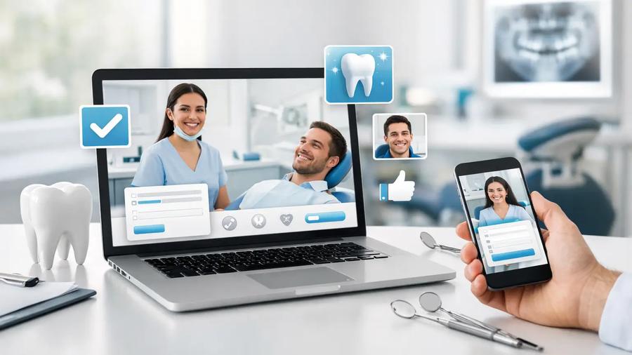 Laptop and phone displaying a dental consultation with digital icons, a tooth model, and dental tools on a desk in a dental office.