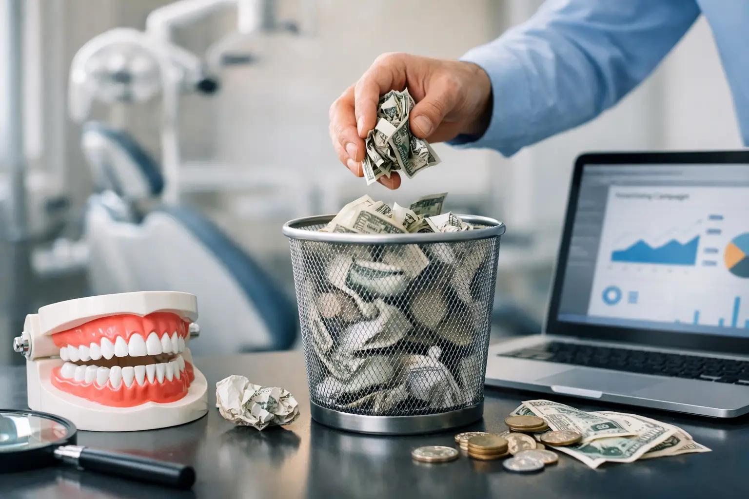 Hand throwing cash into trash beside dental model and laptop with charts, representing wasted dental ad spend and poor ROI