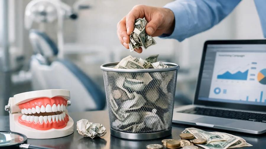 Hand throwing cash into trash beside dental model and laptop with charts, representing wasted dental ad spend and poor ROI