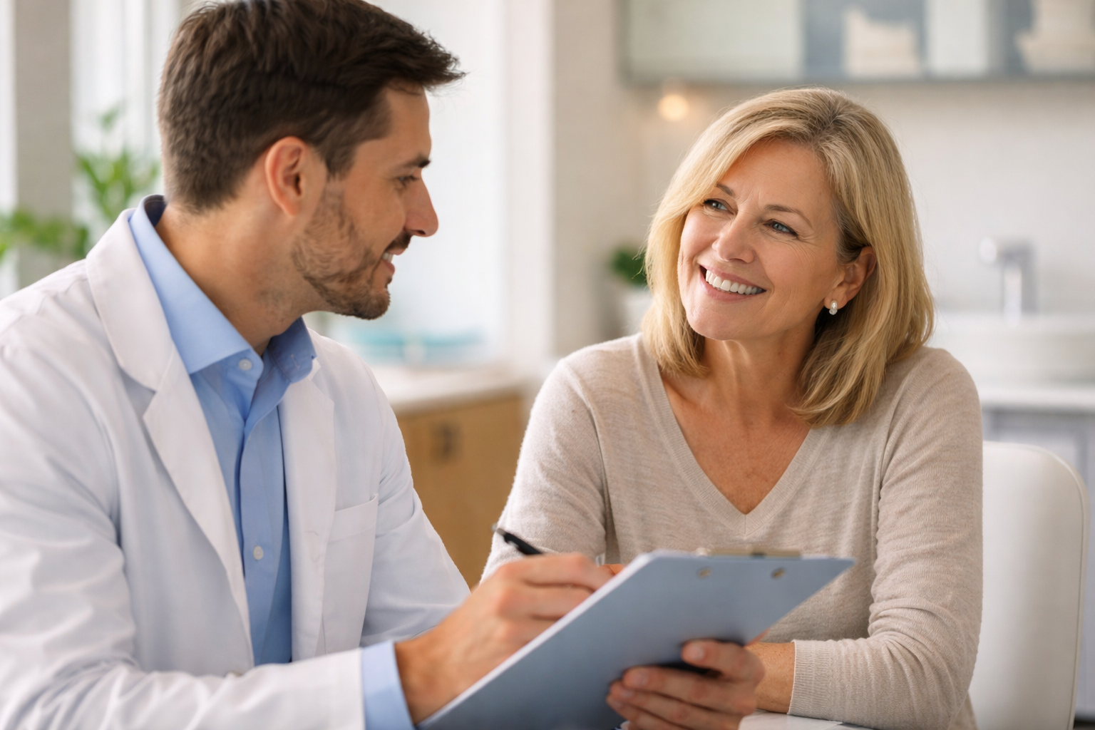 Patient smiling after receiving guidance during a dental implant consultation in a welcoming clinic environment.