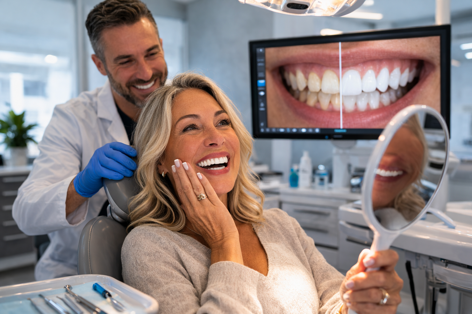 Dental implant consultation in a modern clinic as a dentist explains treatment options to a patient using a 3D jaw model.