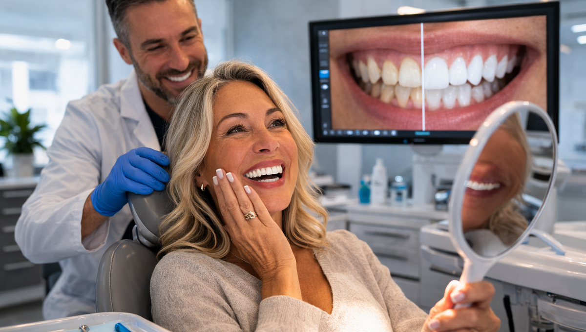 Dental implant consultation in a modern clinic as a dentist explains treatment options to a patient using a 3D jaw model.