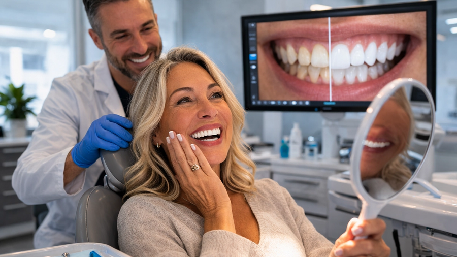 Dental implant consultation in a modern clinic as a dentist explains treatment options to a patient using a 3D jaw model.