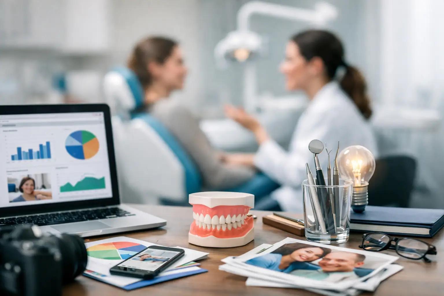Dental desk with jaw model, tools, charts, photos, and laptop showing analytics, with dentist and patient blurred in background.