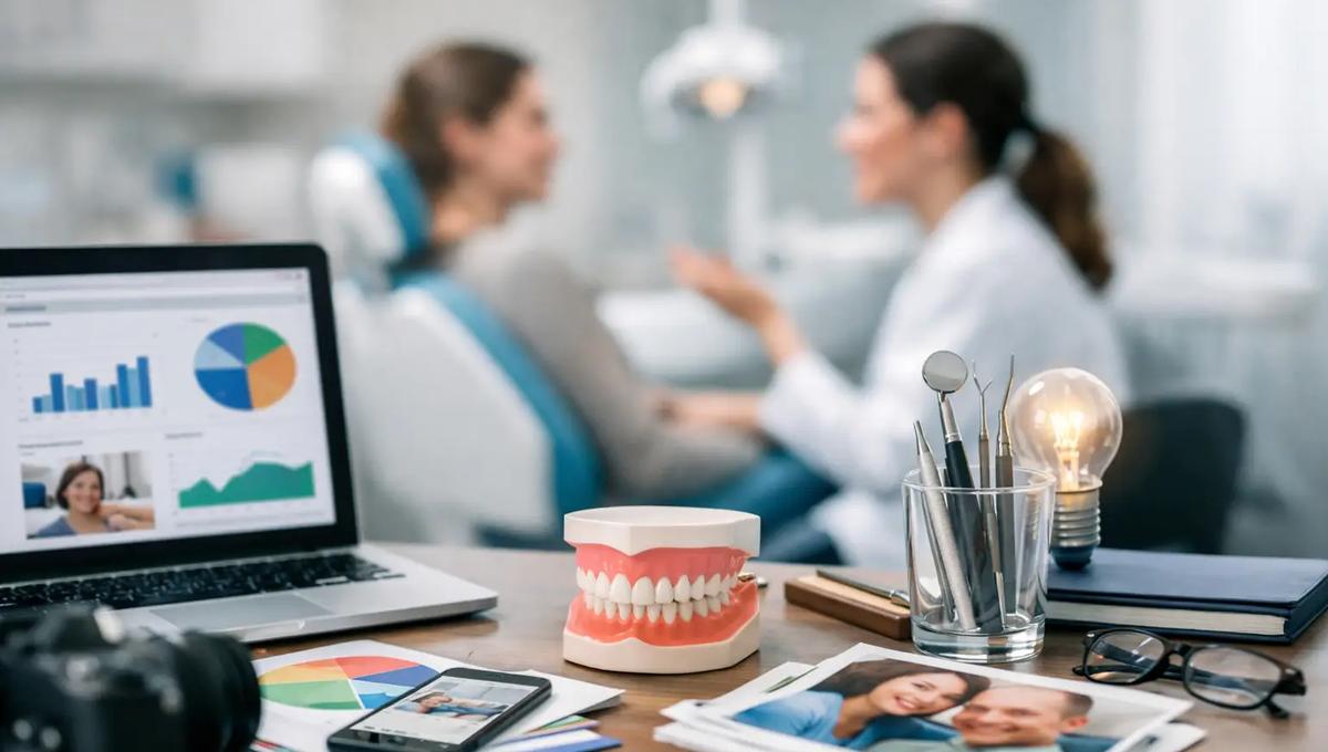 Dental desk with jaw model, tools, charts, photos, and laptop showing analytics, with dentist and patient blurred in background.