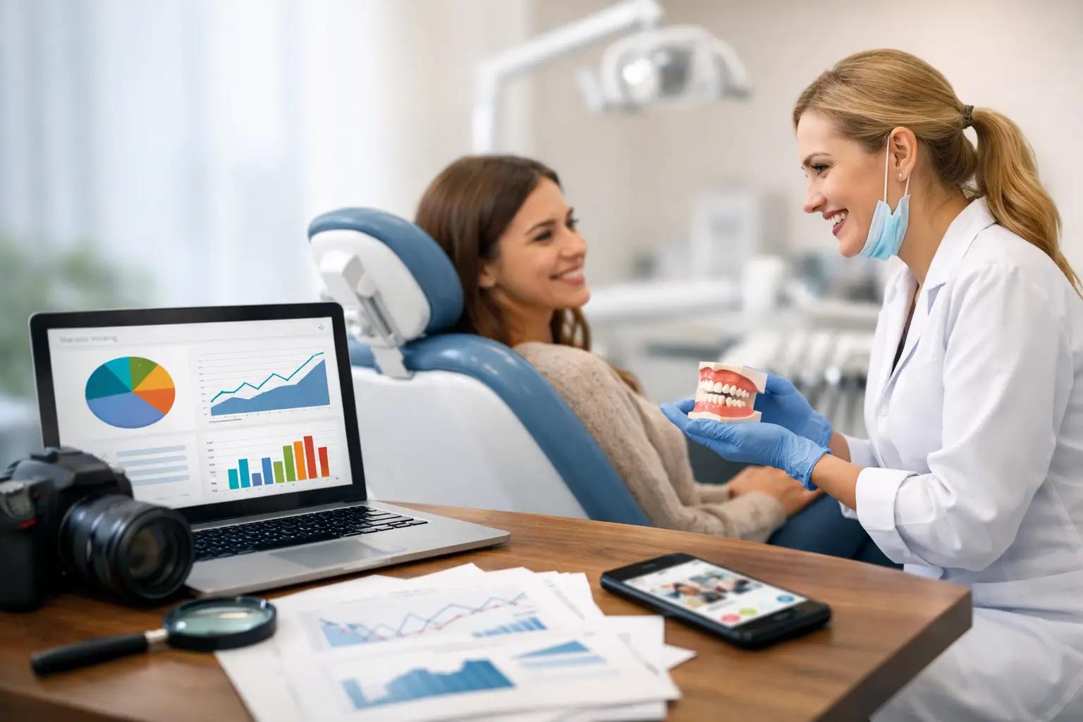 Female dentist in gloves holding jaw model beside smiling patient in dental chair, with laptop showing charts and reports on desk.