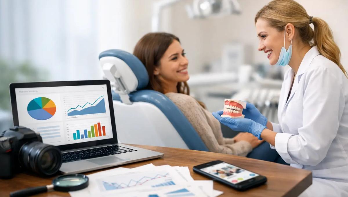 Female dentist in gloves holding jaw model beside smiling patient in dental chair, with laptop showing charts and reports on desk.