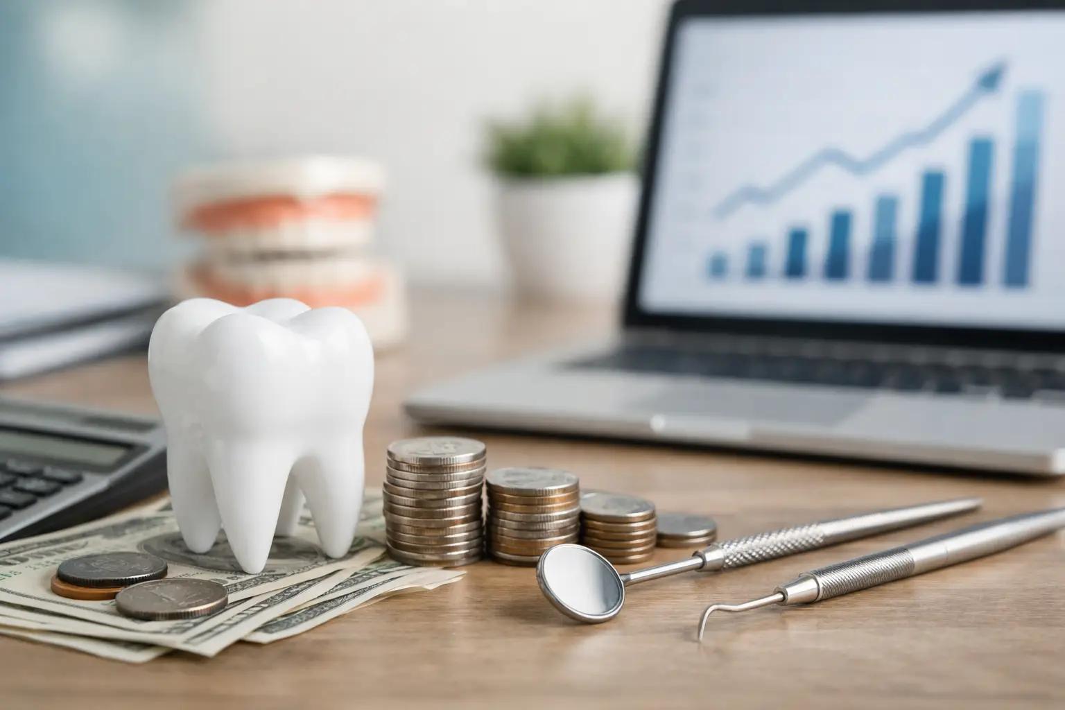 Dental tools, tooth model, and stacked coins on cash with laptop showing growth chart, representing profitable dental practice