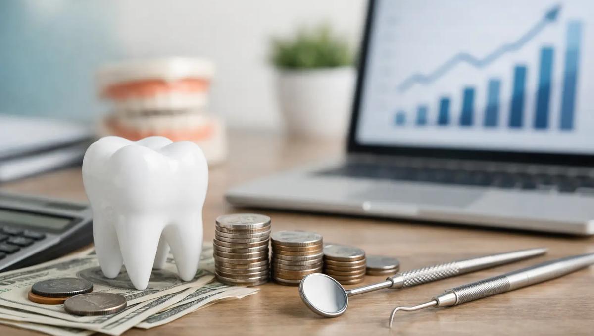 Dental tools, tooth model, and stacked coins on cash with laptop showing growth chart, representing profitable dental practice