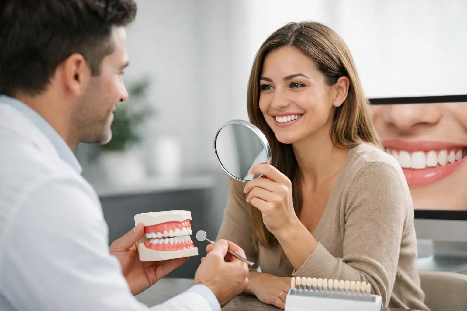 Smiling patient holding a mirror during a cosmetic dental consultation, with a dentist showing a jaw model and a smile photo on screen.