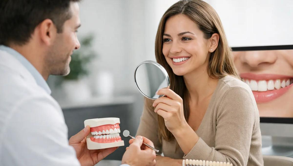 Smiling patient holding a mirror during a cosmetic dental consultation, with a dentist showing a jaw model and a smile photo on screen.