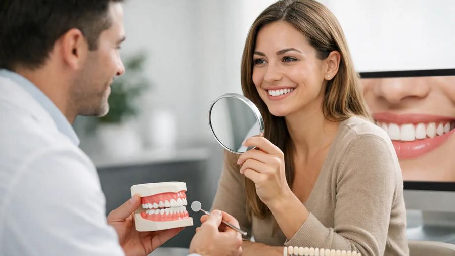 Smiling patient holding a mirror during a cosmetic dental consultation, with a dentist showing a jaw model and a smile photo on screen.
