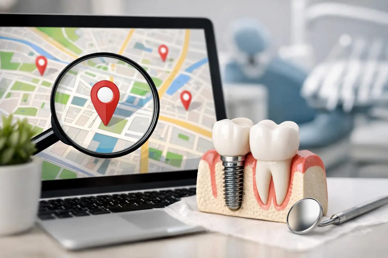 Dental implant model beside laptop showing map with location pin, representing local dental search and implant clinic visibility