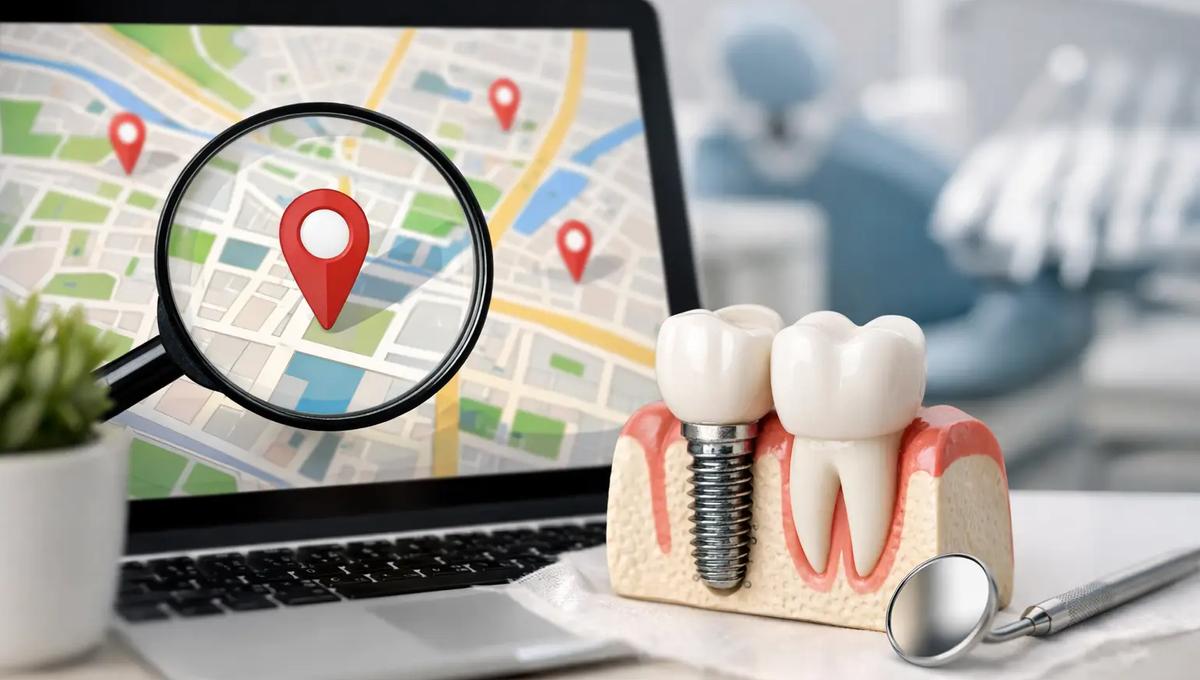Dental implant model beside laptop showing map with location pin, representing local dental search and implant clinic visibility