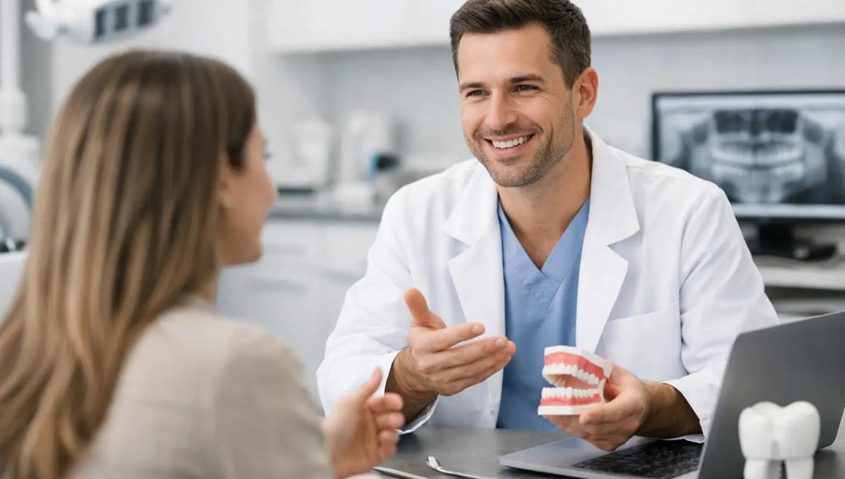 Smiling dentist in white coat holding jaw model while consulting with a patient, dental X-ray visible in background.