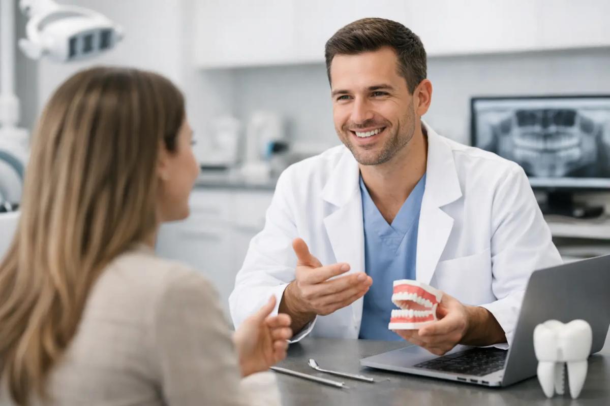 Smiling dentist in white coat holding jaw model while consulting with a patient, dental X-ray visible in background.