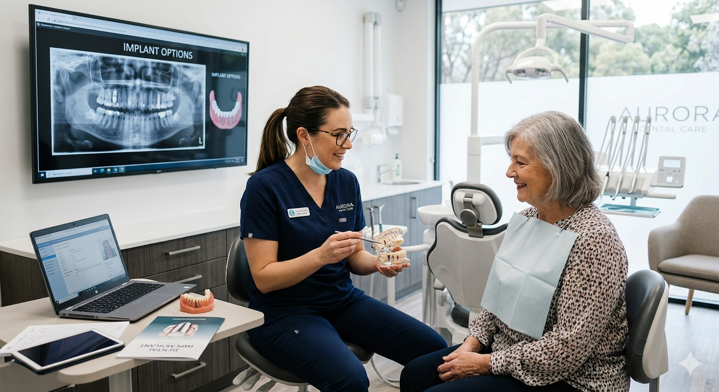 Dentist discussing implant treatment options with a patient in a modern dental clinic.