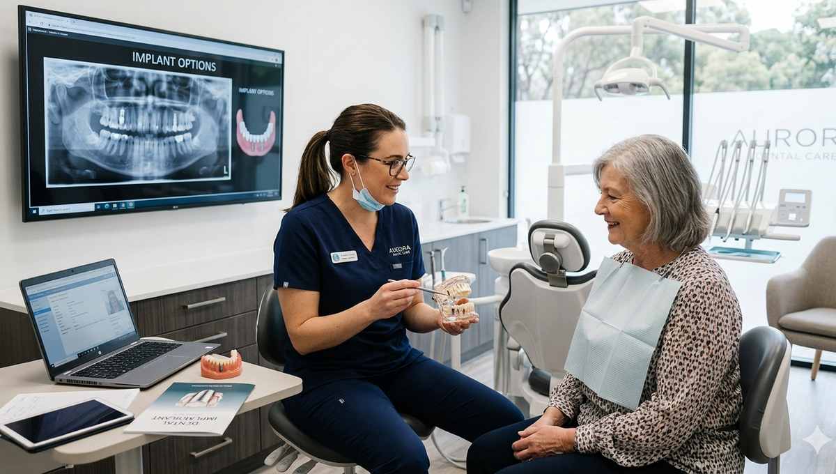 Dentist discussing implant treatment options with a patient in a modern dental clinic.