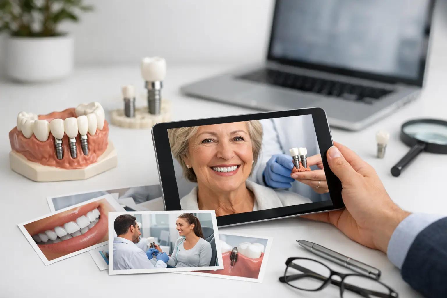 Dental implant consultation shown on tablet with implant models and patient smile examples on desk