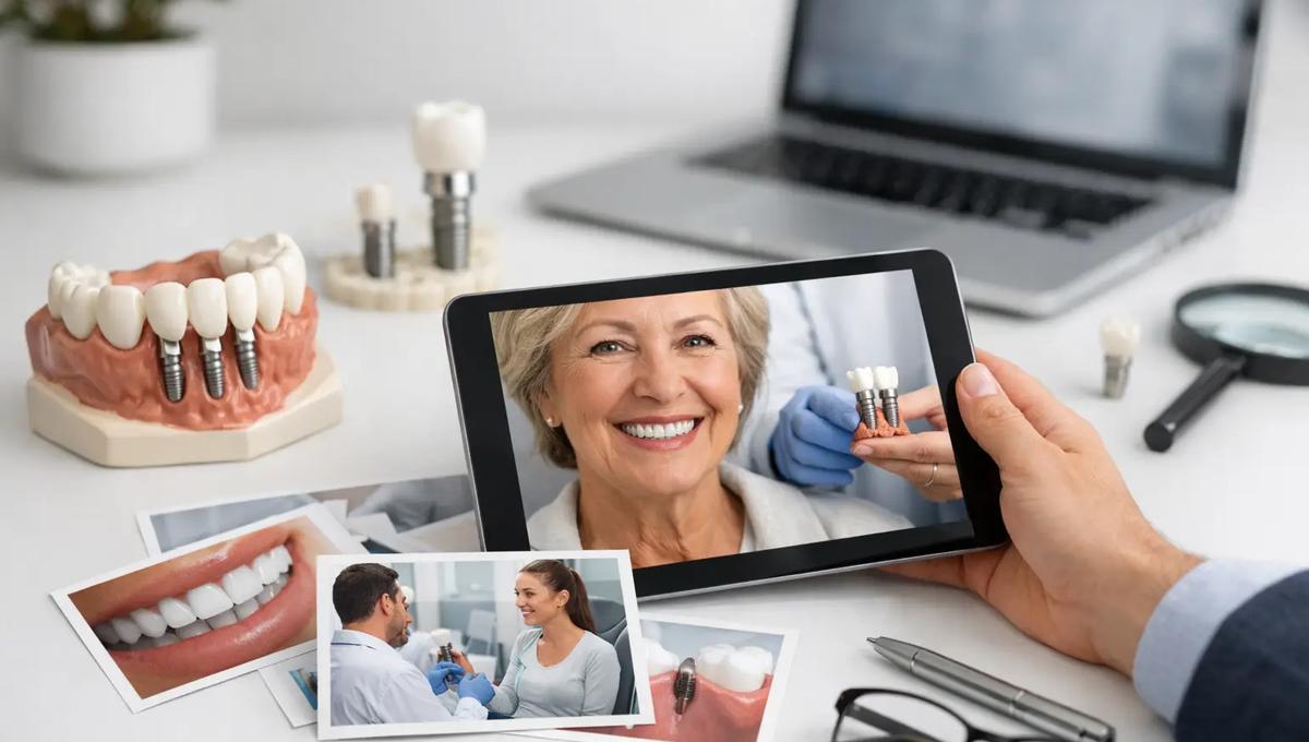 Dental implant consultation shown on tablet with implant models and patient smile examples on desk