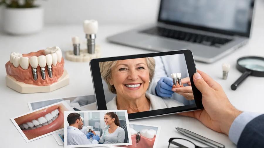 Dental implant consultation shown on tablet with implant models and patient smile examples on desk