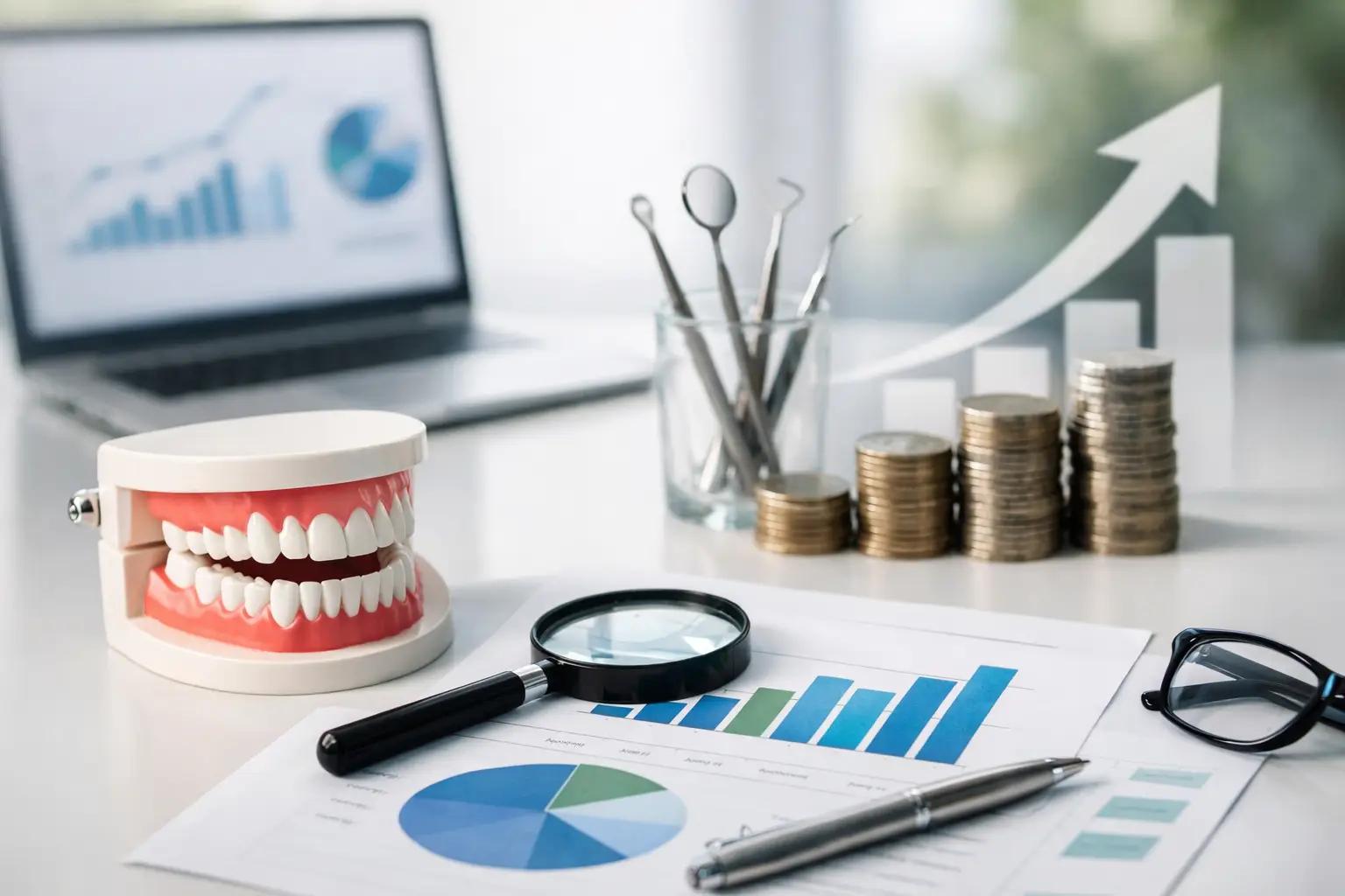 Dental jaw model, magnifying glass, and financial charts on a desk with stacked coins, dental tools, and a growth arrow in the background.