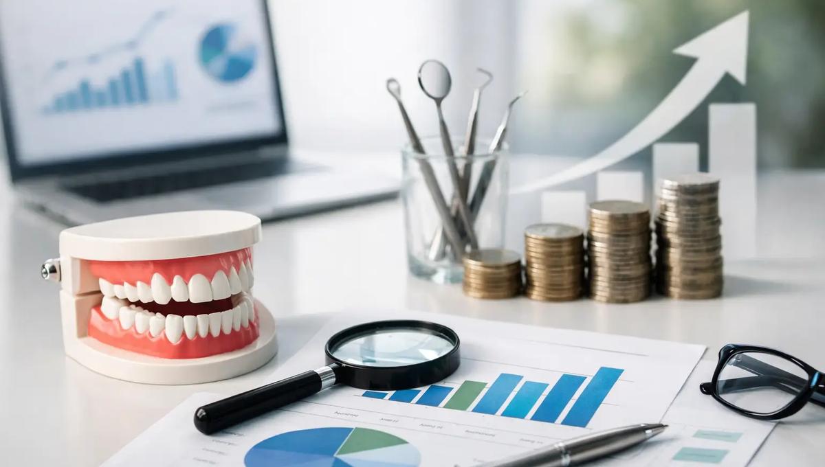 Dental jaw model, magnifying glass, and financial charts on a desk with stacked coins, dental tools, and a growth arrow in the background.