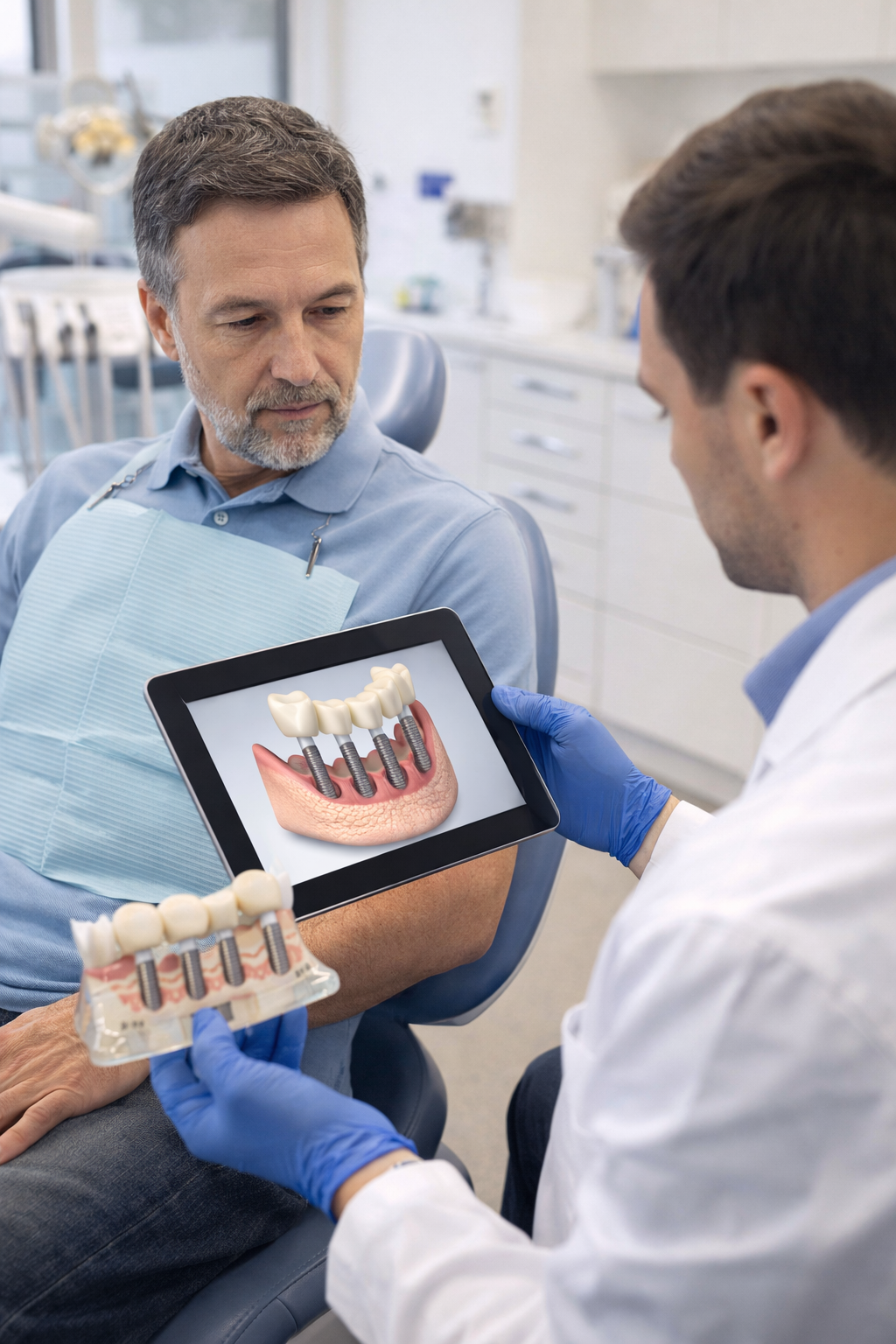 Dentist presenting a digital dental implant simulation to a patient during a consultation in a technology-equipped treatment room.