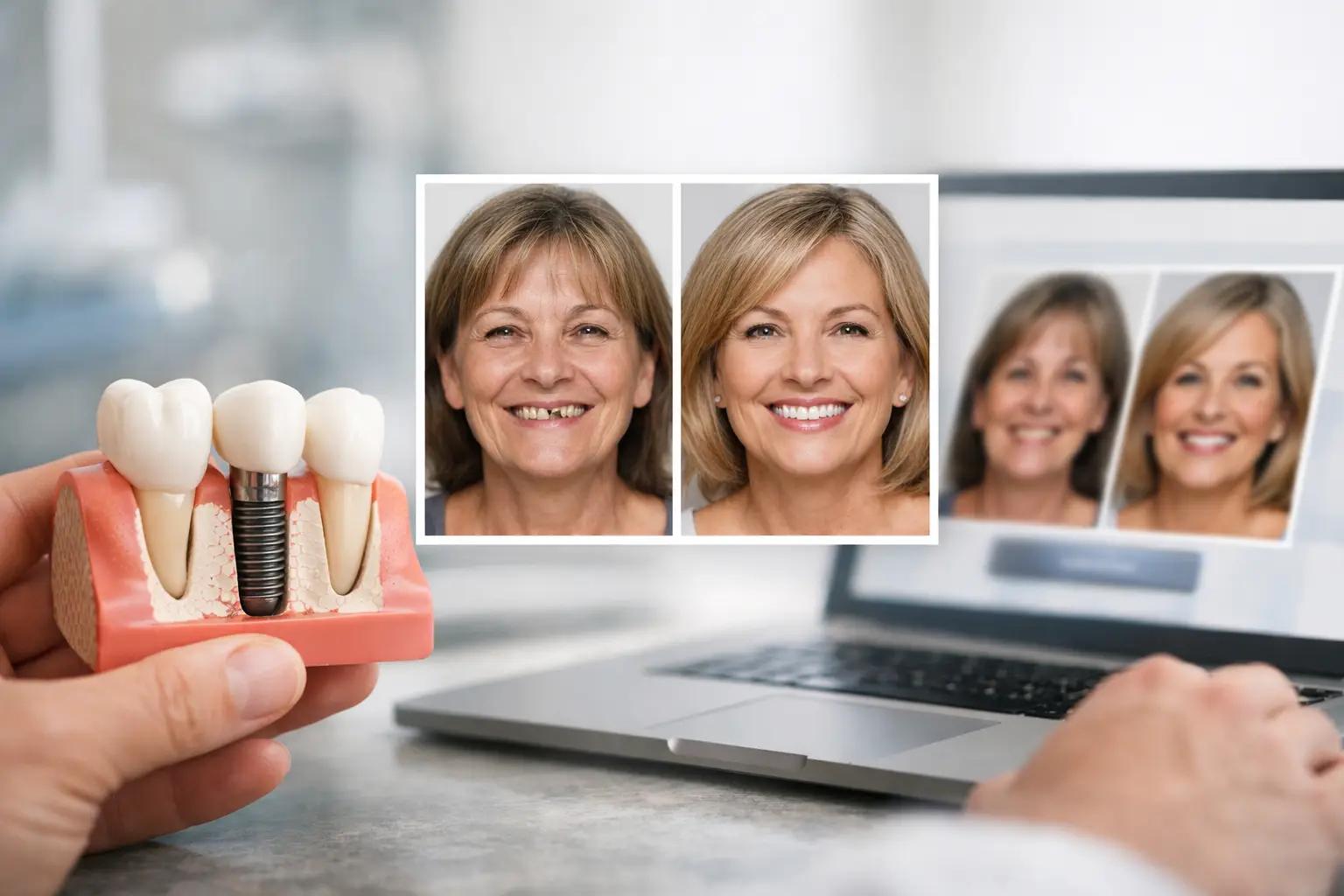 Hand holding a dental implant model beside before and after smile transformation photos on a laptop screen.
