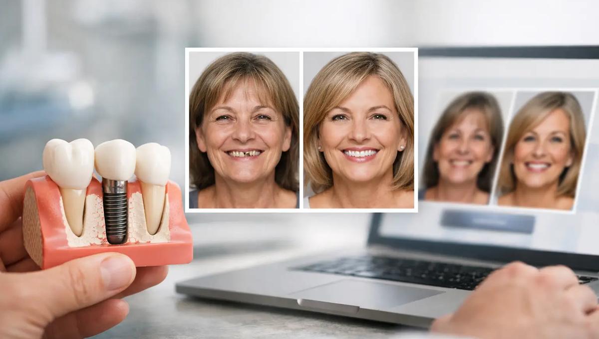 Hand holding a dental implant model beside before and after smile transformation photos on a laptop screen.