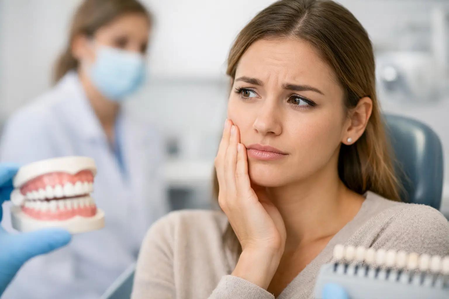 Woman holding her jaw in discomfort in a dental chair while a dentist holds a jaw model and a shade guide sits nearby.