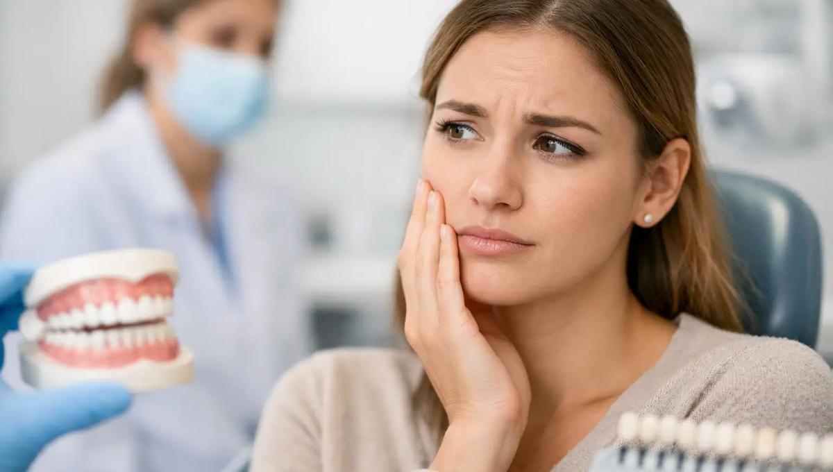 Woman holding her jaw in discomfort in a dental chair while a dentist holds a jaw model and a shade guide sits nearby.