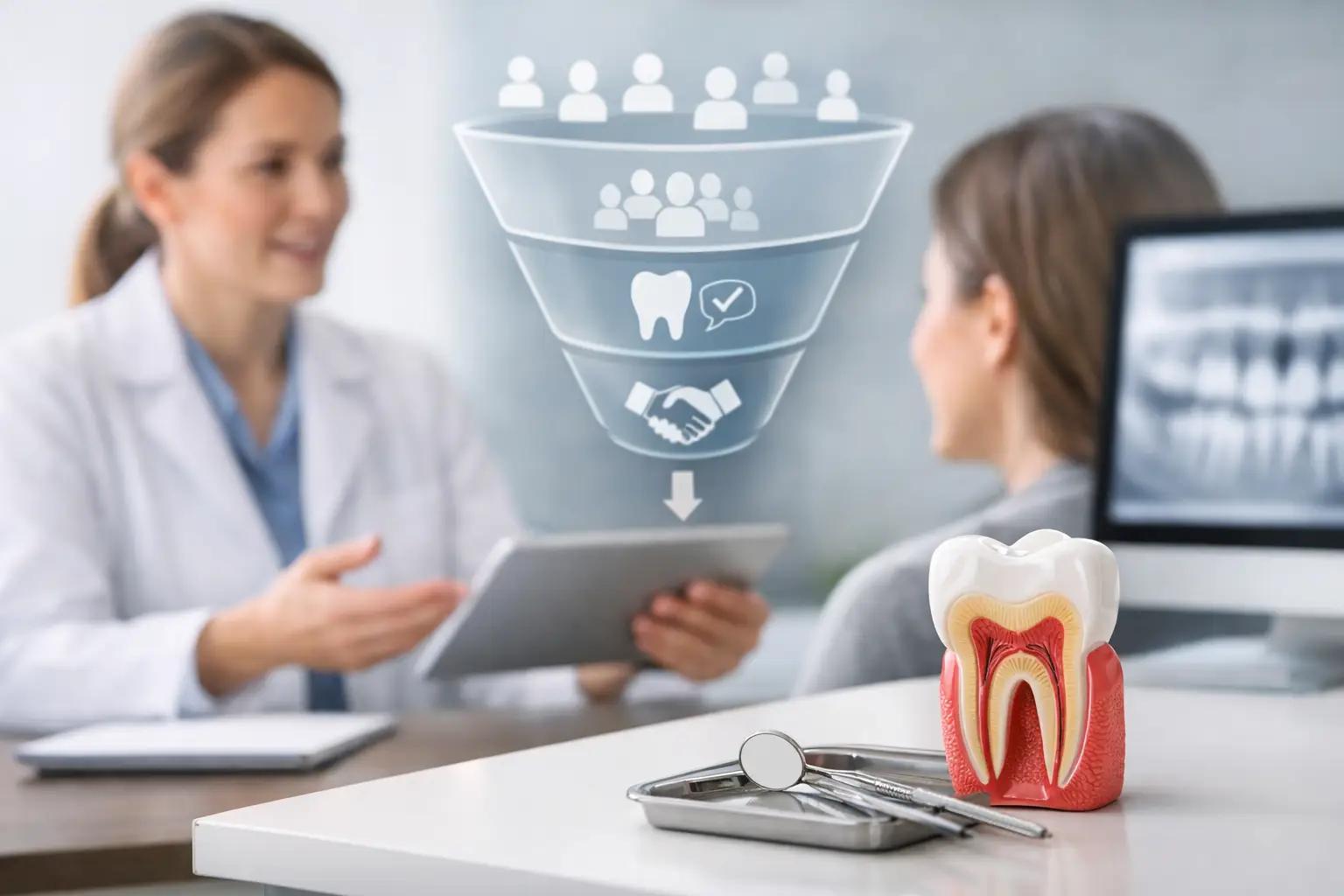 Dentist consulting a patient with a digital patient acquisition funnel overlay, a tooth cross-section model, and dental tools on the desk.
